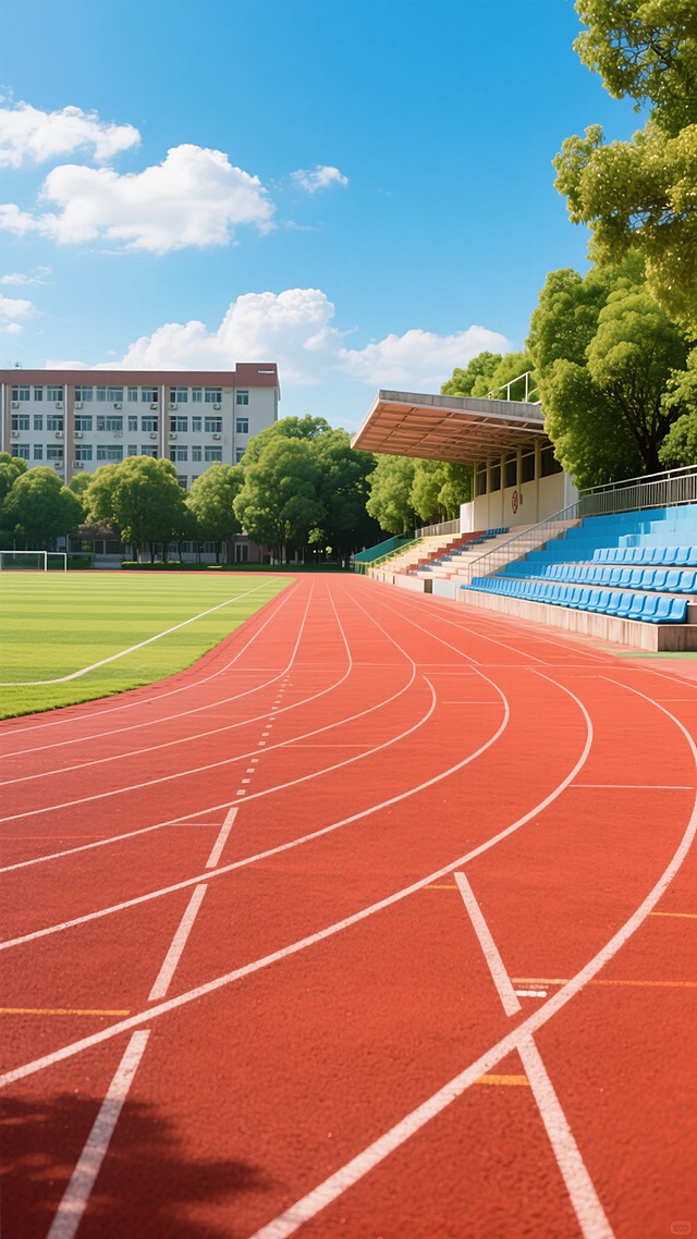 写实风格的常规学校操场高清摄影，画面以红色塑胶跑道为前景，跑道上有清晰的白色分道线，延伸至远方的弯道，跑道内侧是修剪整齐的绿色草坪，左侧是带有蓝色座椅的露天看台，背景有茂密的绿树和一栋多层教学楼，阳光明媚，天空湛蓝，漂浮着几朵白云，光线明亮，色彩鲜艳，具有清晰的光影层次和自然的空间感，营造出积极向上、充满活力的校园氛围。