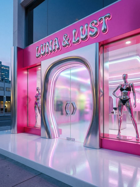 A futuristic lingerie store entrance, Y2K aesthetic. The main color palette is vibrant hot pink and预览效果