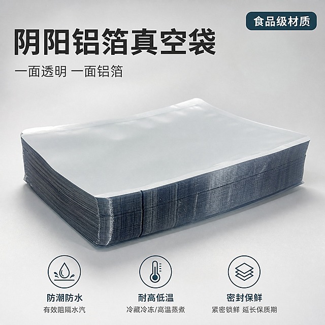 [主图-1] 阴阳铝箔真空食品包装袋首图，突出产品识别与购买欲，传递专业品质感。
[统一基调] 整体风格为专业洁净的电商品质风，背景主色为浅灰渐变+柔和光影，标题字色为深灰近黑，辅助字色为中灰，强调色为深蓝绿，字体为无衬线粗体，字号层级分明，卡片与图标采用圆角轻量样式，整体干净通透。
[画面] 产品为一叠阴阳铝箔真空袋（一面透明一面银灰色铝箔），置于画面中央偏下位置，占画面约65%。产品正面透明面朝向观众，可清晰看到袋身的高透明度与银灰色铝箔背面的质感。产品下方有柔和接触阴影，自然落在浅灰色台面上。背景为简洁的浅灰渐变，左上角放置品牌感短标题，右上角有小角标标注"食品级材质"。底部横向排列3个核心亮点图标：防潮防水、耐高低温、密封保鲜。产品外观、形状、厚度、颜色、材质与输入图完全一致，禁止变形、禁止改变直径、禁止改变形状、禁止改变透视角度、禁止重新绘制产品、禁止新增或减少产品、禁止改变产品颜色。
[光影质感] 商业摄影质感，主光从左上方45度照射，产品边缘有清晰高光，铝箔面呈现金属质感反光，透明面有柔和透光效果，底部有自然接触阴影，整体光线均匀柔和，突出产品洁净与专业感。
[配色] 背景浅灰渐变，产品银灰色铝箔+透明，文字深灰，强调色深蓝绿，整体冷调洁净感。
[文字版式] 左上角主标题"阴阳铝箔真空袋"，字号最大加粗；副标题"一面透明 一面铝箔"字号缩小50%；底部3个亮点图标配短文字说明，图标为简约线性风格，文字为小号无衬线体；右上角角标"食品级"为圆角小标签。所有文字放在负空间，不遮挡产品主体。
[输出要求] 比例1:1，文字清晰可读，产品清晰锐利，商业电商主图质感。禁止产品变形，禁止改变产品直径，禁止改变形状，禁止改变透视角度，禁止重新绘制产品，禁止新增产品，禁止减少产品，禁止改变产品颜色。禁止错字、模糊、杂乱、水印、平台Logo。