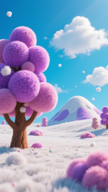 一片毛茸天地像被揉进了糖罐，地面铺着蓬松的纯白绒“草甸”，粉紫渐变的毛球树冠堆在棕绒树干上，像把棉花糖叠成了树的模样。远处的小山裹着白紫相间的绒团，天空铺满软得像浮着的毛絮的云朵。阳光浸在浅蓝的天里，预览效果