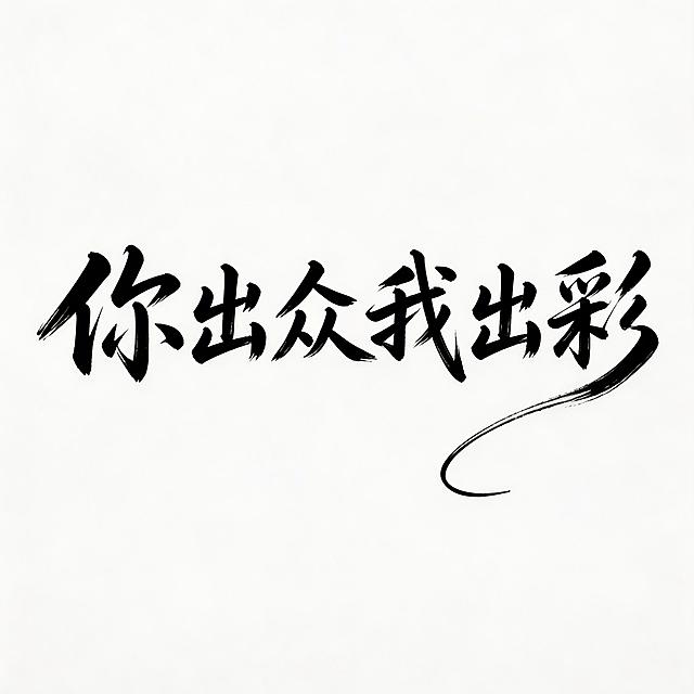 文字内容为"你出众我出彩"，毛笔书法风格，线条粗细变化自然，笔画飘逸灵动，部分笔画带有夸张拖尾，整体风格洒脱大气，兼具设计感与书法韵味，白底黑字