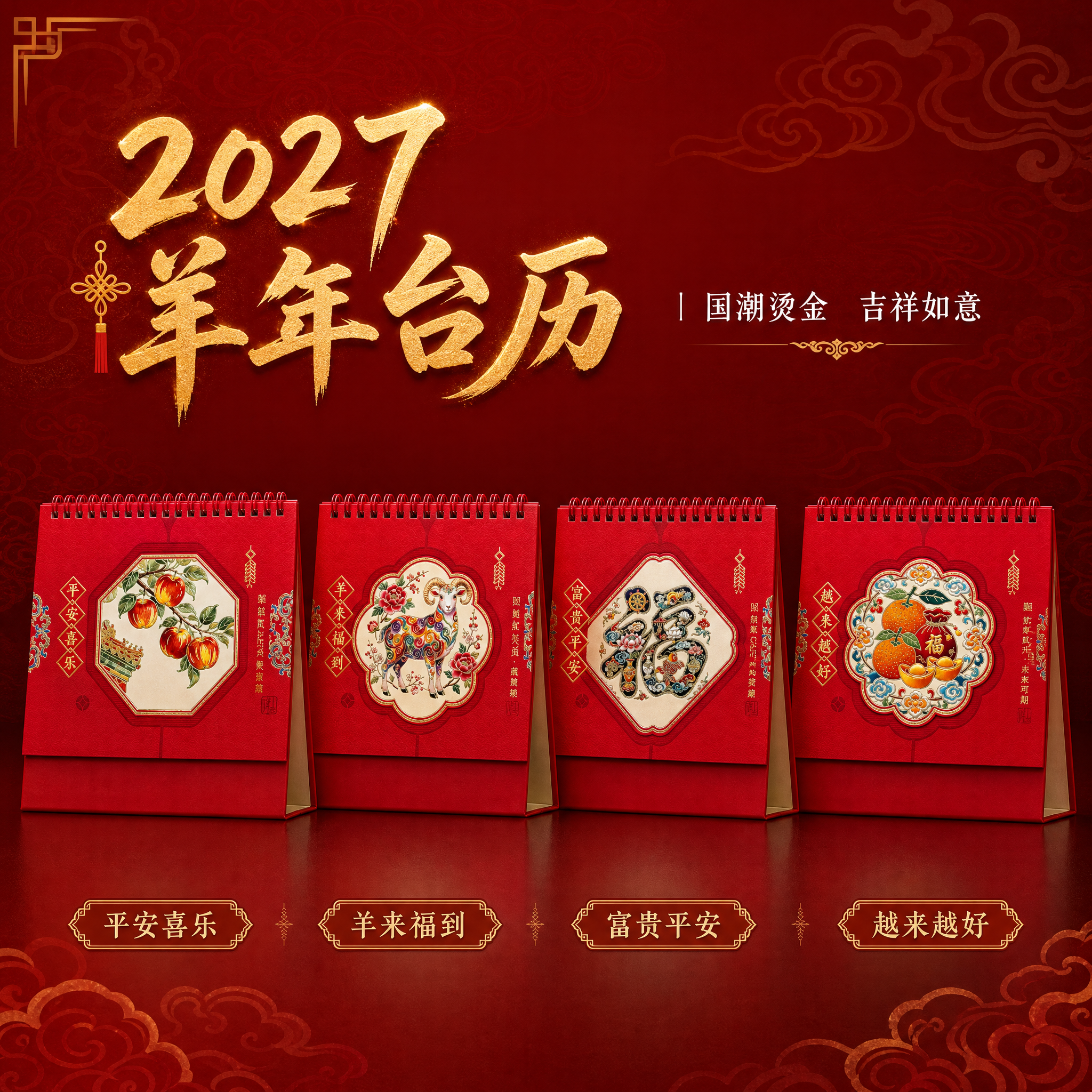 [主图-1] 2027羊年国潮台历首图，展示四款吉祥主题台历全… - 图片创意预览