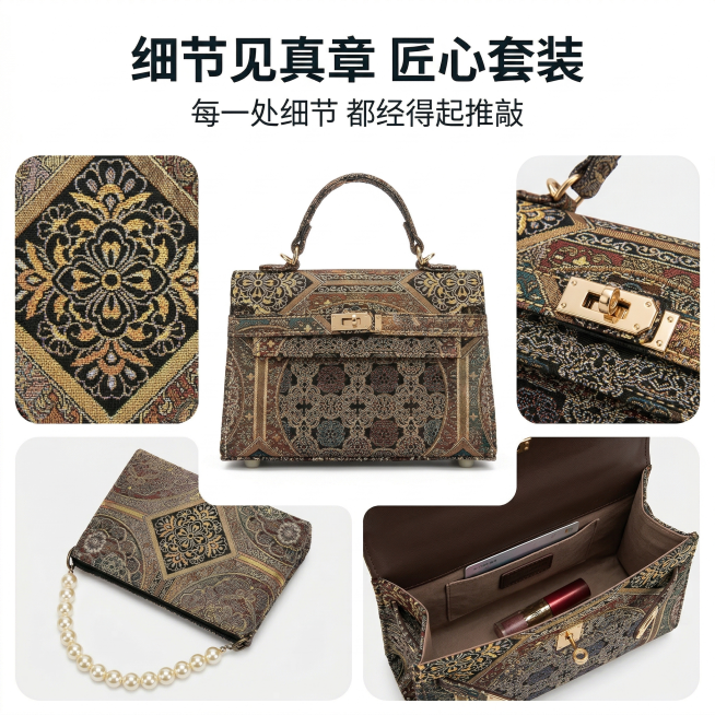严格还原上传的产品图，包括新中式国风织锦套装的所有细节，尺寸比例保持1:1。商业级电商主图，8K超高清分辨率，专业影棚柔光打光，纯白色背景(Hex #FFFFFF)，无任何阴影，极致锐利。主体为套装多预览效果