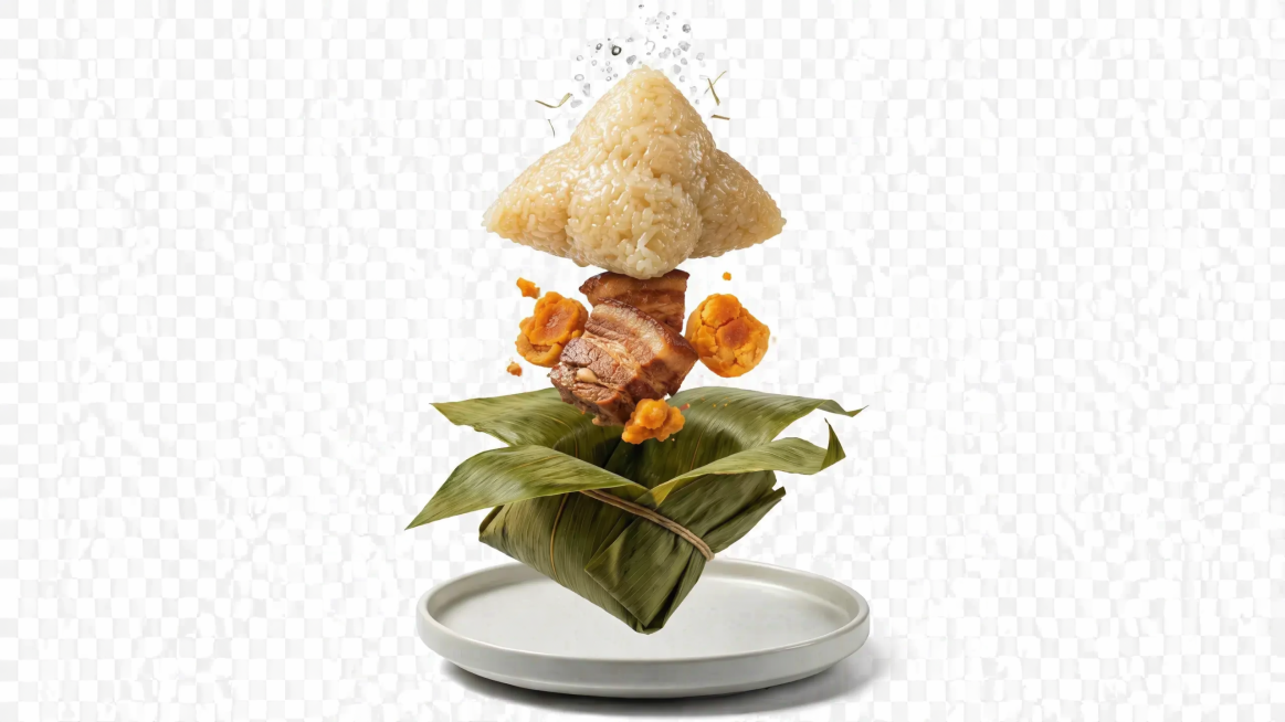 参考原图风格，重新生成拆分结构的粽子，去除图中的香菇和所有英文标注，保留五花肉和咸蛋黄内馅、糯米、粽叶和白盘，转化为透明背景的免扣图预览效果
