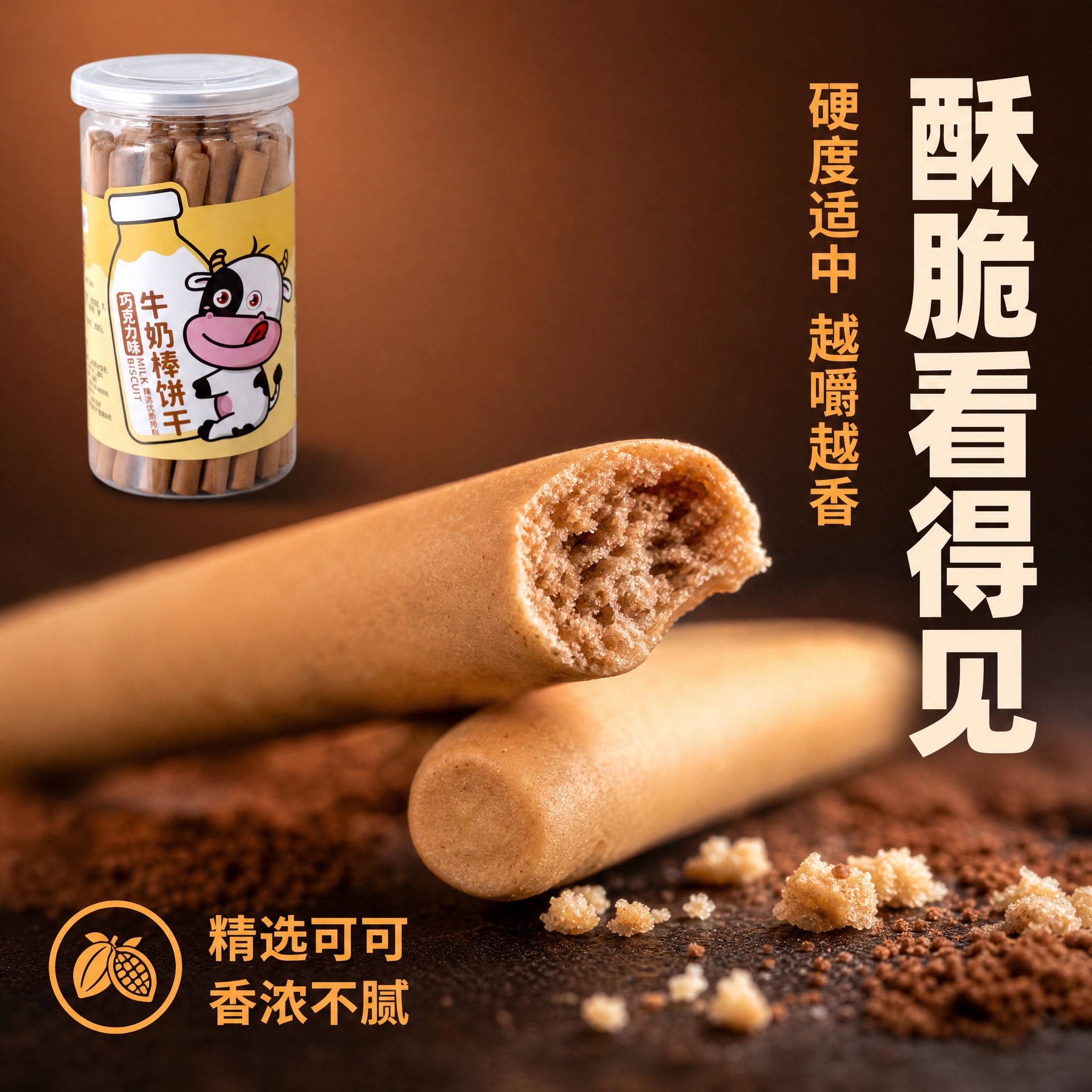 [主图-3] 巧克力味牛奶棒饼干 细节微距 酥脆口感展示。 [… - 图片创意预览