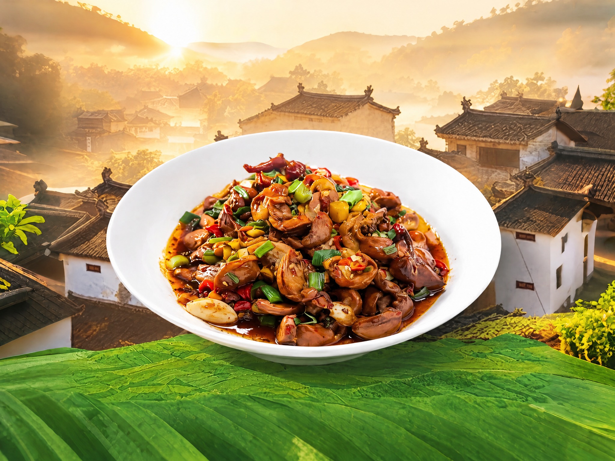 将图中白色碗里的梅菜扣肉菜品替换为图2中的爆炒鸡杂（酸辣鸡胗）… - 图片创意预览