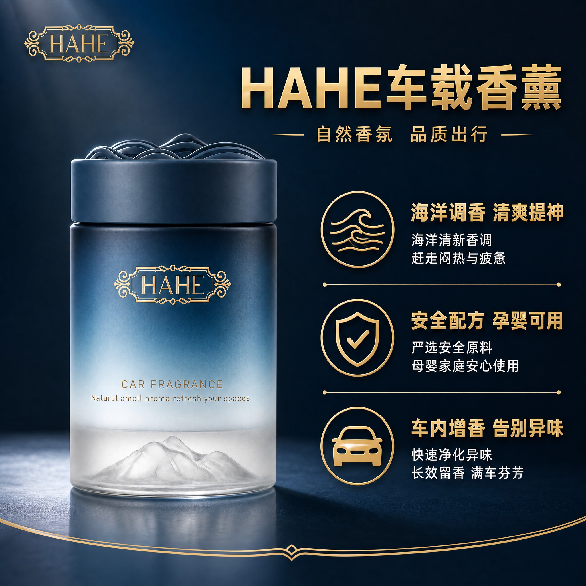 [主图-2] 蓝色款车载香薰卖点信息图，突出产品材质与核心卖点… - 图片创意预览