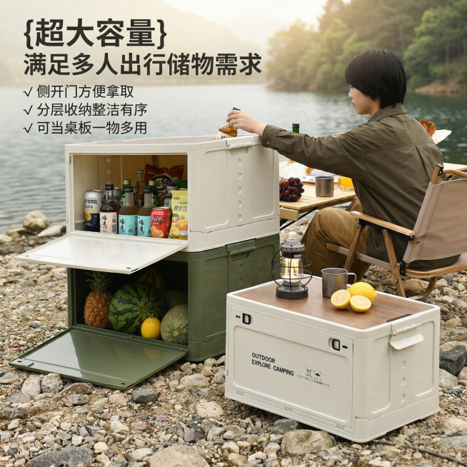 [主图 2] 大容量储物功能展示
[氛围/风格] 户外自然露营风，清新自然，阳光柔和，和第一张光影风格统一
[画面元素] 米白色和军绿色收纳箱，其中收纳箱侧开门打开，内部摆满酒水饮料和水果，旁边展示小预览效果