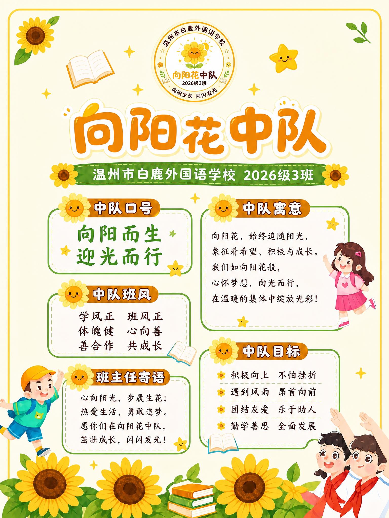 基于这张向阳花中队班级海报进行修改：去掉四周复杂的藤蔓花边装饰… - 图片创意预览