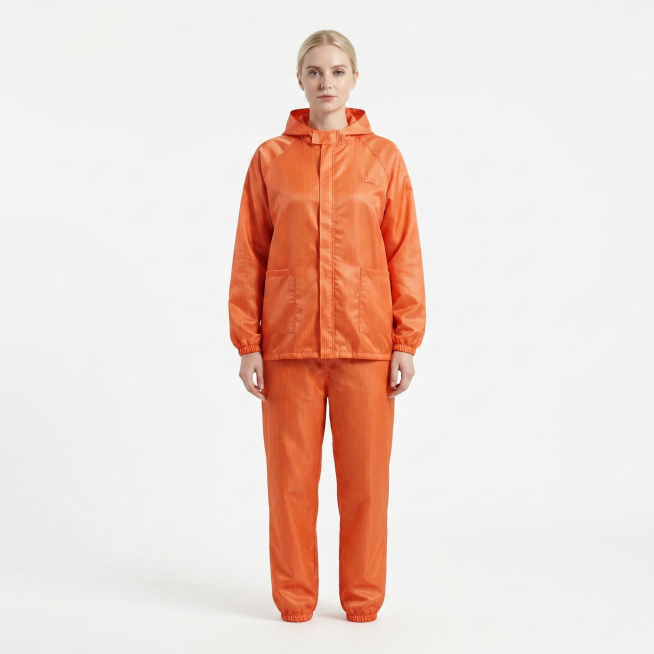 肤色白皙的外国女性穿着这件橙色连帽分体防护服，保持服装款式和条纹细节不变，添加真实人体模特，高质感，高清商业摄影，纯色背景预览效果