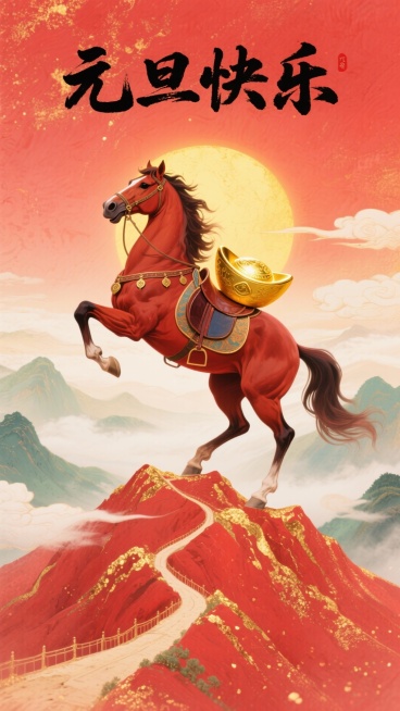 岩彩国风风格，一匹枣红骏马在连绵的红色山顶奔跑，山顶点缀鎏金丝路，马大山小,马是主体,它抬起前肢,身上有马鞍,马鞍上放着一个超大的金元宝，对比强烈，背景是若隐若现有纹理的云雾缭绕的青山和云彩,夕阳正好预览效果