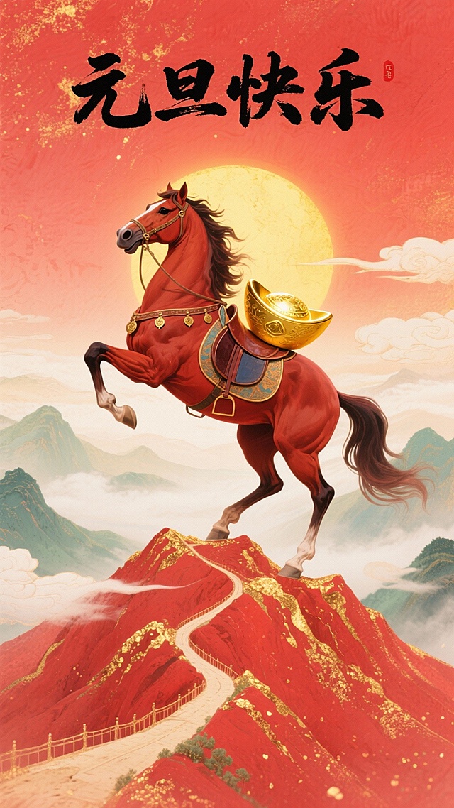 国潮风插画，红马踏峰载金元宝，水墨山水与鎏金细节交织，喜庆中式古典韵味，元旦佳节祥瑞之象。