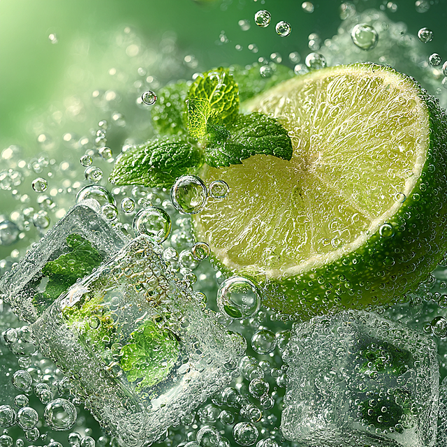A hyper-realistic, text-free packaging design capturing the essence of a mojito. The background is a gradient of cool, watery mint green. It is dominated by a dense layer of highly detailed, three-dimensional bubbles—some large with clear light refraction and thick glass-like edges, others tiny and sparkling. Scattered throughout are photorealistic ice cubes, rendered with internal cracks, frosty surfaces, and crisp, cold edges that catch the light. In the foreground, a vibrant slice of lime with juicy vesicles and a dewy sprig of fresh mint are placed with artistic precision, their surfaces glistening with condensation droplets. The color palette is enhanced with accents of lime yellow and deeper emerald within the green spectrum, and highlights of pure white, creating a composition that is intensely refreshing, tactile, and visually stunning.