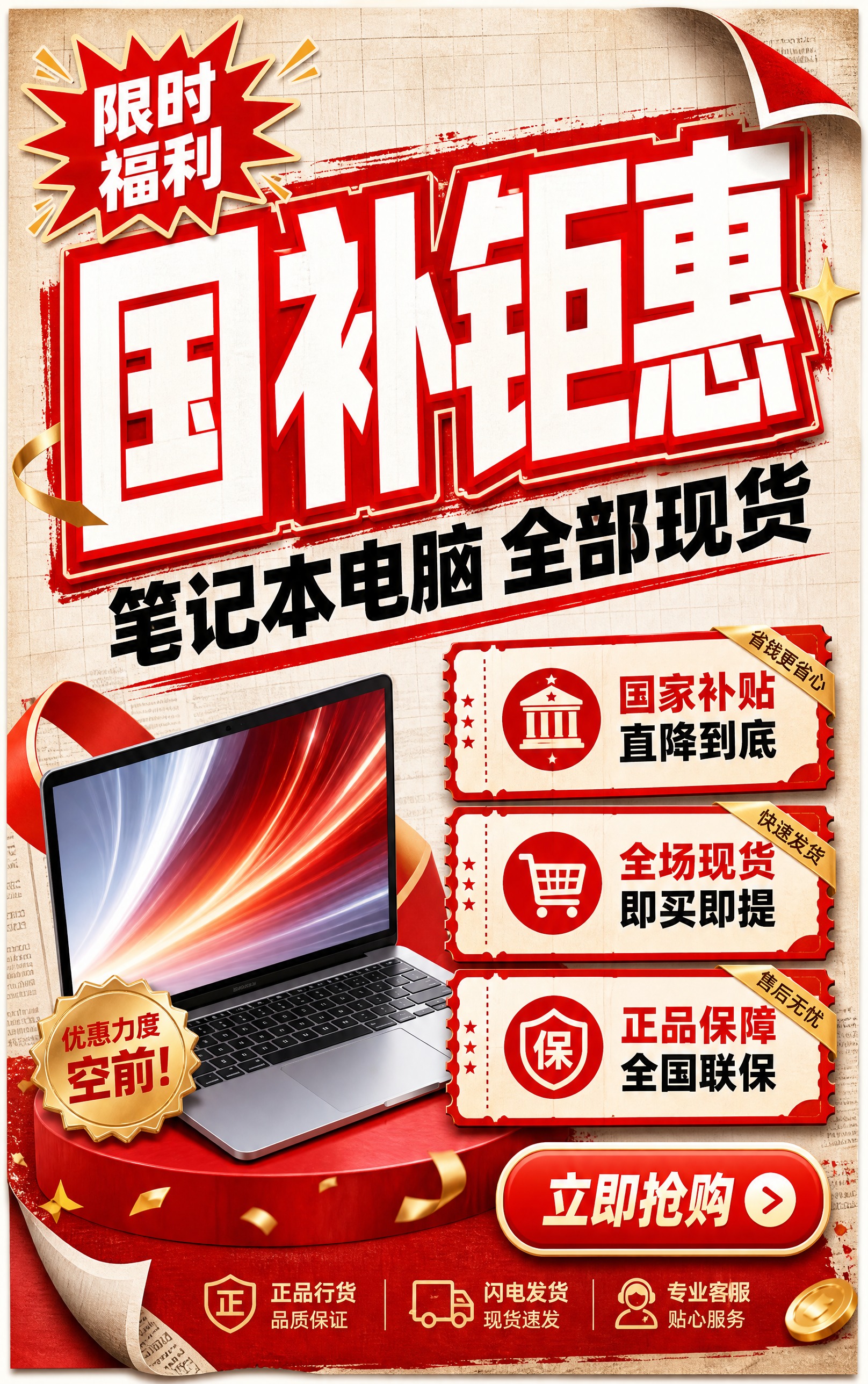 促销海报设计，竖版构图。报纸风格背景，米白色纸张带网格纹理，纸… - 图片创意预览