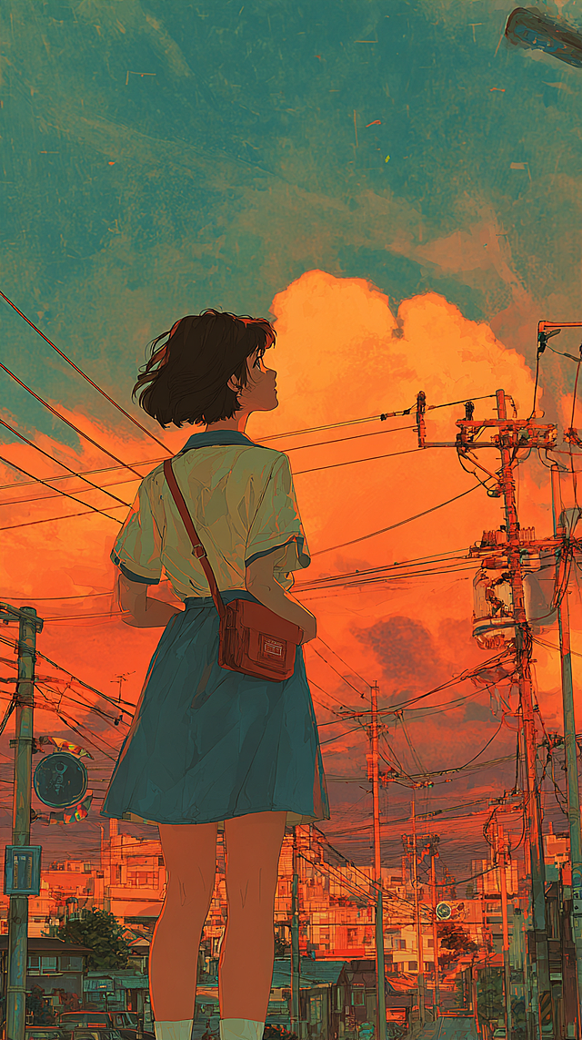 Japanese 90s anime illustration style, retro sunset seaside city, Showa era short-haired girl looking into the distance, nostalgic retro color matching, anime aesthetic