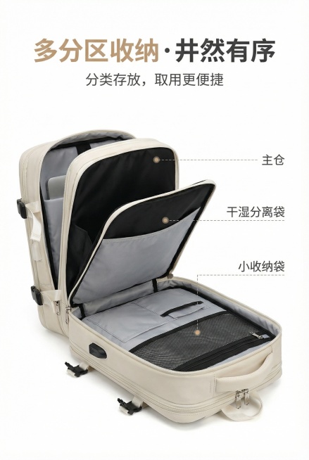 中文提示词：2:3竖版，途界9169款背包内部全展开特写，展示所有分区（主仓、电脑隔层、干湿分离袋、小收纳袋、网兜），每个分区用浅灰色虚线标注名称（主仓/干湿分离袋/小收纳袋）。产品配色白色+浅米色（预览效果