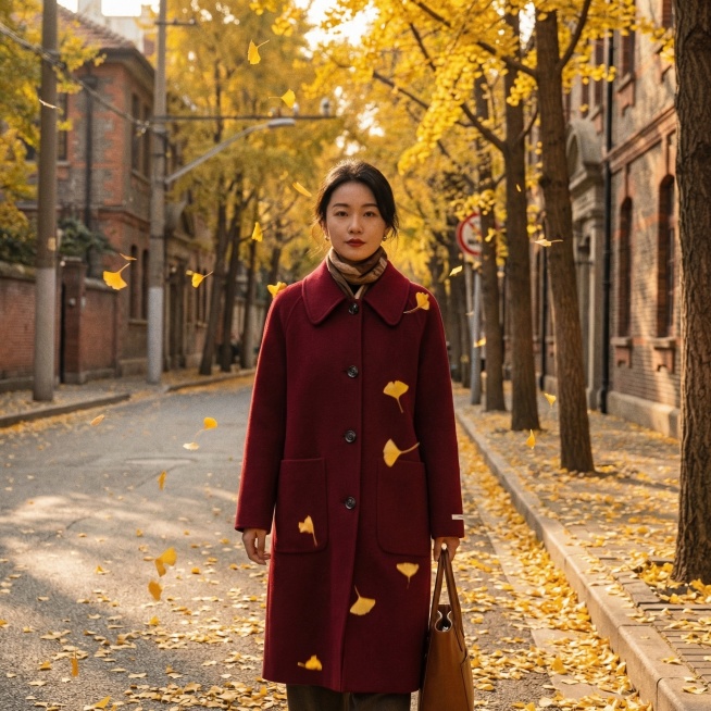 中国女模特身穿图中的酒红色中长款翻领毛呢大衣，秋日街道场景，银杏飘落，复古滤镜，穿搭街拍，高清质感预览效果