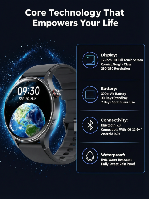 [第3屏] Core Technology Parameters screen for Smart Watch.  [Atmosphere/Style] Future tech cyberpunk s预览效果