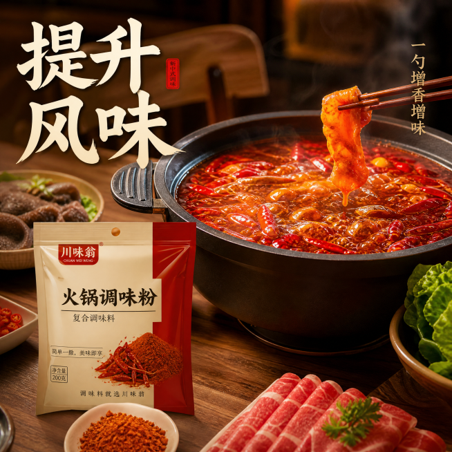 [主图-4] 使用场景体验图，新中式电商风格。餐厅温馨场景，展示用火锅调味粉调制好的红汤火锅锅底，旁边放着原调味粉，营造浓郁食欲感。商业摄影质感，自然暖光，锅底色泽红亮诱人。画面分为上下布局，上半部分预览效果