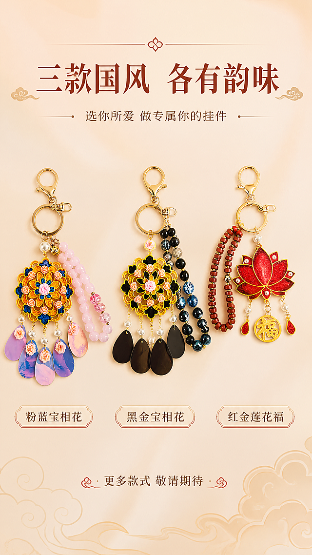 [商品] 使用【图4】粉蓝宝相花款、【图5】黑金宝相花款、【图7】红金莲花款三款挂件；每款保留各自的颜色、结构、珠串和吊坠特征，三款横向并列展示，比例一致。
[画面] 第7张·多款式合集，目标展示三款可选，方便用户挑选。画面中央三款挂件水平等距排列，呈一字排开，主体占画面55%；每款下方对应款式名称标签；上方主标题区，底部加选购引导语；背景为暖米色渐变，底部有淡淡的祥云暗纹。
[视觉] 套系策略：风格=国风精致手工感商业摄影；标题字=国风宋体加粗带衬线；正文字=圆润无衬线体；主色=暖金+朱砂红；背景延展=基于暖米杏色做深浅渐变、暗纹祥云肌理和柔光质感；强调色=朱砂红，仅用于小面积标签、引线和重点文字高亮；标题色=深棕红；正文色=暖棕灰；组件=圆角金边信息卡、细金线引线、祥云小图标；光影=左前侧暖柔光，金属件带高光反射。
[文字] 顶部主标题"三款国风 各有韵味"，副标题"选你所爱 做专属你的挂件"；三款下方分别标注："粉蓝宝相花"、"黑金宝相花"、"红金莲花福"；底部小字"更多款式 敬请期待"；文字全部横向排版，不遮挡挂件主体。
[规格] 图片比例9:16竖版，4K，medium画质，避免变形、错字、文字过小、冷蓝背景、款式颜色混淆、比例失调。
