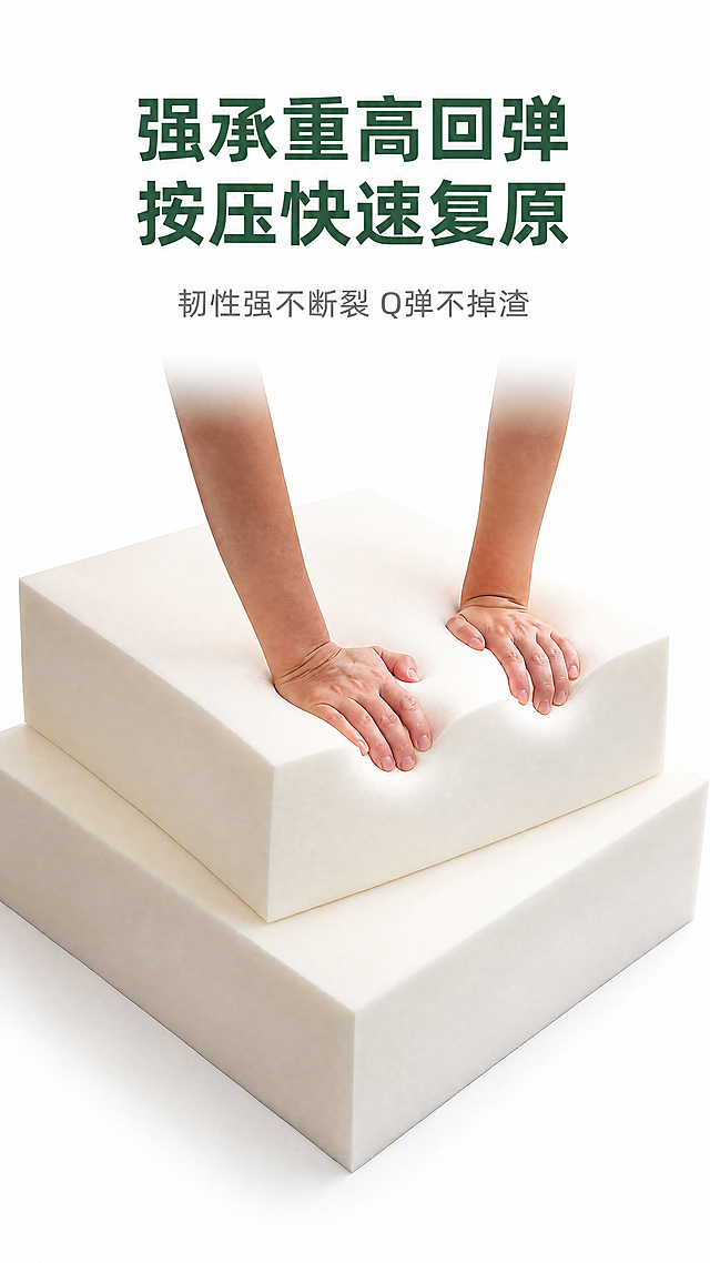 [第4屏] 承重回弹性能测试展示。本屏使用【图10】作为测试主体，保持真人双手按压海绵的动作和结构。[氛围/风格] 真实演示，客观可信，商业摄影清晰质感。[元素布局] 真人双手按压在两块叠放的海绵块上，占据画面中心60%区域，突出海绵受压后的状态。保留产品白色质感和双手按压动作，背景为纯白色，突出主体。[光影质感] 顶部柔和主光，在海绵侧面形成自然阴影，清晰表现海绵硬度和回弹性，手部细节真实。[配色色系] 全局底色：#FFFFFF；主体海绵白色，文字绿色+深灰，整体干净简洁。[视角构图] 45度斜侧俯视，完整展示按压动作和海绵结构，主体居中。[文字版式] 顶部主标题「强承重高回弹 按压快速复原」深绿色粗体居中，副标题「韧性强不断裂 Q弹不掉渣」灰色小字居中，主产品占据画面中下部，文字不遮挡按压动作。[比例分辨率] 9:16竖版比例，4K分辨率，文字清晰可辨。[负向提示词] 手部变形，海绵结构错误，背景杂乱，文字模糊