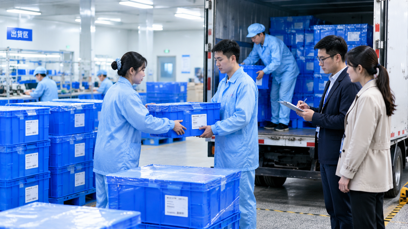 电子厂客户交付场景，参考图1的车间环境和工人穿着。工人们穿着浅… - 图片创意预览
