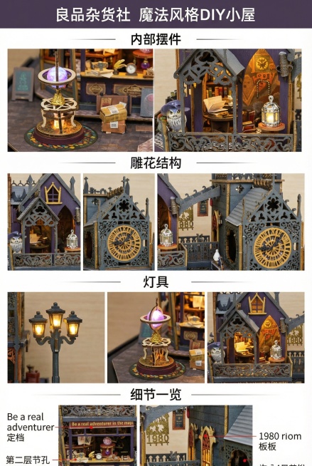 淘宝详情图风格，展示魔法风格DIY小屋的各个细节部分，包括内部摆件、雕花结构、灯具等，风格平实，清晰呈现产品细节，添加店铺名称“良品杂货社”预览效果