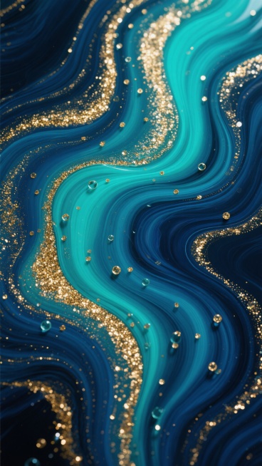 抽象流体艺术背景，以深邃的孔雀蓝与青绿色为主色调，融合墨蓝色的漩涡状纹理，金色闪光颗粒与细小气泡点缀其间，呈现出流动感十足的液体渐变效果，整体画面具有细腻的珠光质感和丰富的色彩层次，营造出神秘而优雅的氛围，适合作为背景使用。预览效果