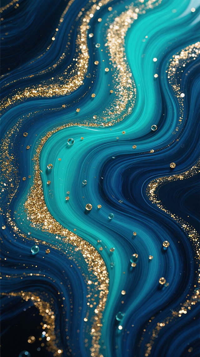 抽象流体艺术背景，以深邃的孔雀蓝与青绿色为主色调，融合墨蓝色的漩涡状纹理，金色闪光颗粒与细小气泡点缀其间，呈现出流动感十足的液体渐变效果，整体画面具有细腻的珠光质感和丰富的色彩层次，营造出神秘而优雅的氛围，适合作为背景使用。