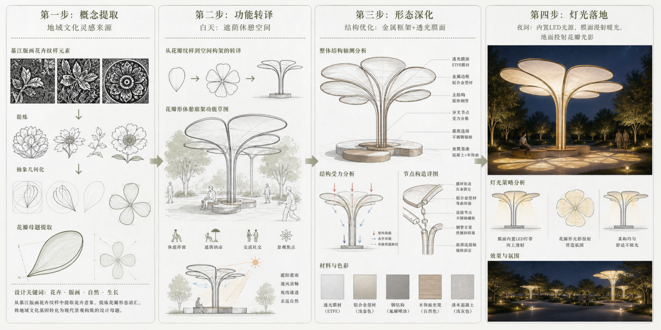 基于这张花瓣廊架小品，生成四格横向排版的景观艺术小品设计推导分析图，建筑竞赛风，适配景观毕业设计展板。从左到右四格分别是：1.第一步：概念提取，展示綦江版画花卉纹样元素，标注"地域文化灵感来源"；2.预览效果