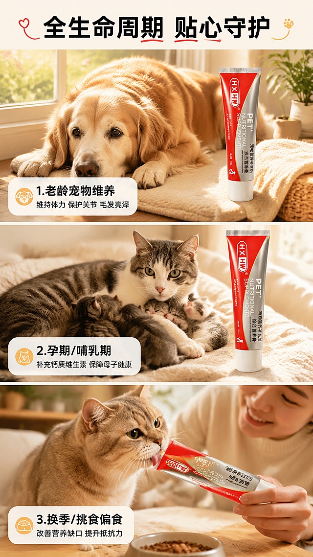 [第9屏] 6大使用场景（下）- 老龄维养+孕期哺乳+换季挑食。本屏使用【图1】软管产品作为场景道具。
[氛围/风格] 温馨场景叙事风，暖色调，三格拼图式布局，真实宠物生活场景感，与第8屏风格统一。
[元素布局] 画面分为上中下三个横向场景条，每条占画面约1/3：上方场景「老龄宠物维养」- 一只老年金毛犬安静地趴在阳光窗边，旁边放着营养膏，体现关爱老年宠物；中间场景「孕期/哺乳期」- 猫妈妈和几只小奶猫在一起，猫妈妈旁边放着营养膏，体现母子健康守护；下方场景「换季/挑食偏食」- 挑食的猫咪闻了营养膏后主动舔食，主人开心的表情；每个场景中都自然融入营养膏产品；产品外观与输入图一致。
[光影质感] 每个场景有独立的柔和自然光，暖色调，温馨治愈，整体明亮。
[配色色系] 全局底色 #FFF5EB（暖米橙）；主色 #E63946（品牌红）；辅助色 #FFB703（暖橙）+ #FFF8F0（米白）+ #A8DADC（浅蓝点缀）。
[视角构图] 三格横向拼图，每格独立场景，阅读动线从上到下。
[文字版式] 顶部主标题「全生命周期 贴心守护」，粗黑体居中；每个场景左下角有圆角标签：1.「老龄宠物维养」维持体力 保护关节 毛发亮泽 2.「孕期/哺乳期」补充钙质维生素 保障母子健康 3.「换季/挑食偏食」改善营养缺口 提升抵抗力；标签为半透明白底黑字，清晰不遮挡主体。
[比例分辨率] 9:16 竖版比例，4K分辨率，文字清晰可辨，高清画质。
[负向提示词] 产品变形，宠物形态怪异，场景不自然，文字错乱，水印，颜色偏差。