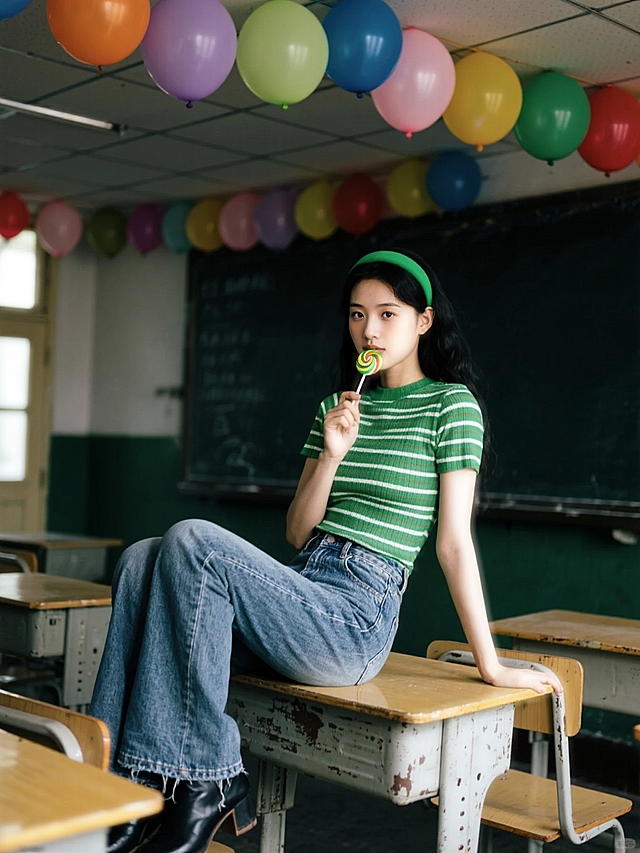 复古暗调的教室，屋顶是五颜六色的气球，女生（绿色条纹上衣，修身做旧牛仔马蹄裤，戴绿色发箍，千禧年配饰）靠坐在课桌上，手里拿着棒棒糖。看镜头。