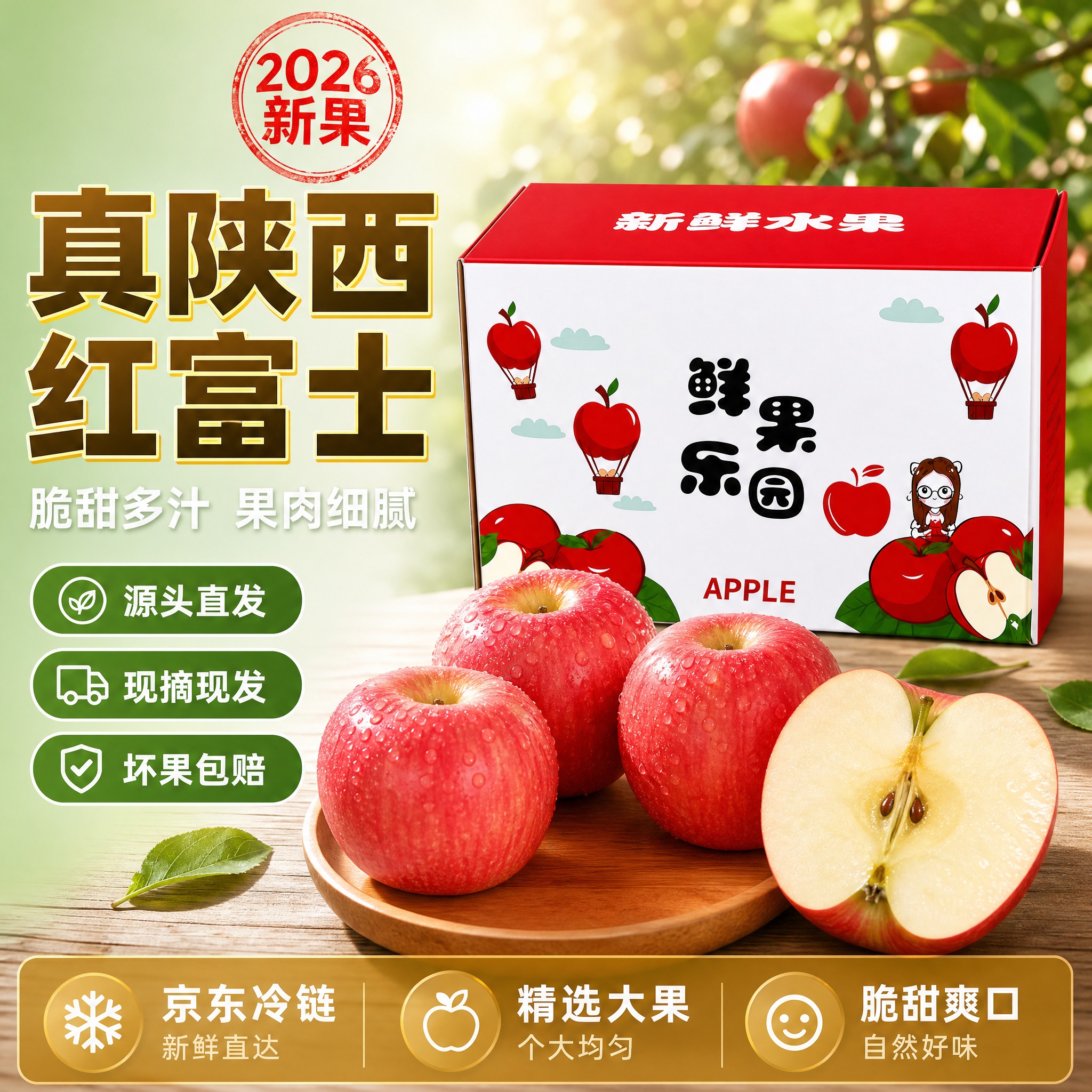 [主图-1] 陕西红富士苹果精品礼盒装首图，完整+纵向切开展示… - 图片创意预览
