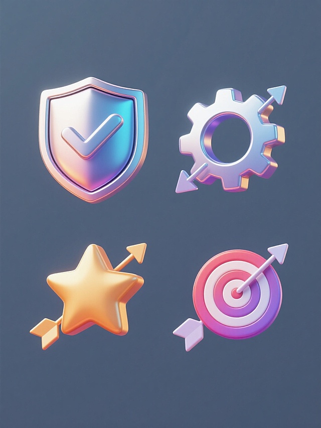 四个不同颜色的3D立体图标系列，每个图标都有光滑的金属质感和渐变色彩，带有高光和阴影效果，图标元素分别为盾牌对勾、齿轮、星星和靶心，每个图标周围环绕着一个箭头，整体风格统一，排列规整，纯色背景
