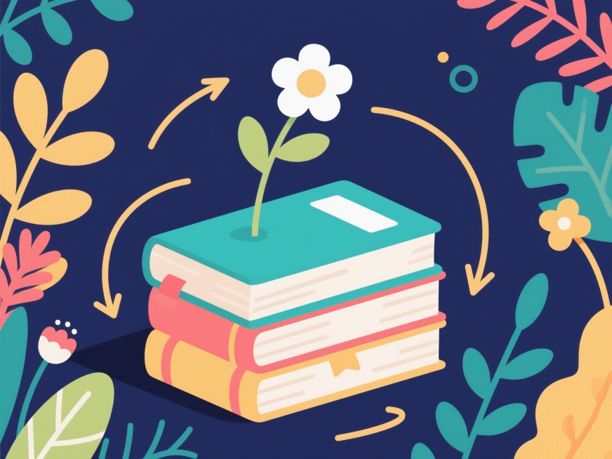 扁平画风的书本叠起来，周围搭配扁平画风的花草跟弯曲带箭头的线条，花草的线条简单，还有独立的花头，花杆的线条不能太细，整体颜色明快亮丽预览效果