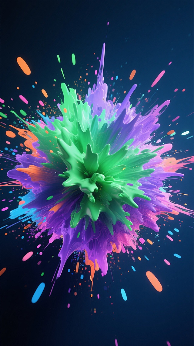 数字艺术风格的色彩爆炸效果，以深邃的深蓝色背景为衬托，画面中心呈现出巨大而充满动感的色彩爆炸，色彩以绿色和紫色为主导，绿色占比约40%，紫色占比约30%，其余部分由少量的橙色、粉色和蓝色点缀，色彩过渡自然柔和，呈现出细腻的渐变效果，具有浓厚的3D质感，爆炸形态饱满且富有张力，边缘有细小的色彩飞溅和粒子效果，整体营造出强烈的视觉冲击力和充满活力的氛围，光影效果突出，爆炸中心明亮，向外逐渐变暗，阴影细节丰富，高光表现明显，构图采用中心聚焦式，色彩爆炸占据画面大部分空间，具有极佳的视觉引导性和平衡感。