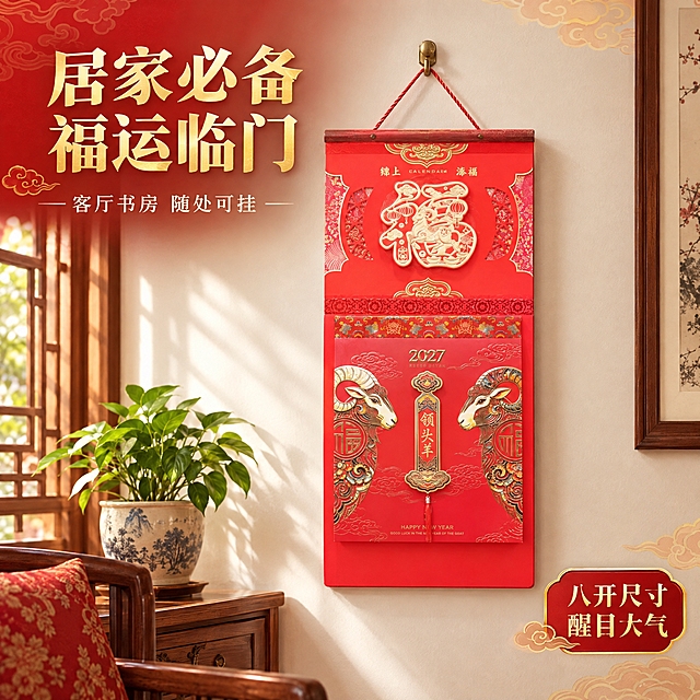 [主图-4] 场景与使用体验，展示撕历挂在家中墙面的真实使用场景，营造生活氛围感和代入感。严格保留产品本身样子，不改动产品外观。
[统一基调] 整体风格为传统年俗喜庆风，背景主色为中国红渐变搭配金色祥云暗纹，标题字色为烫金色，辅助字色为米白色，强调色为正红色，字体为大气宋体结合，字号层级分明，信息卡片用金色描边红底样式，整体传递高端喜庆的年历福文化质感。
[画面] 产品悬挂在中式客厅的白色墙面上，位于画面中心偏右位置，挂历下方隐约可见中式木质家具一角和一盆绿植。墙面干净整洁，光线从左侧窗户自然洒入，营造温馨的居家氛围。产品完整展示，挂绳挂在墙面挂钩上自然垂落，产品外观与输入图完全一致。画面左下角有简短的场景说明文字。
[光影质感] 自然光效，柔和的室内漫射光，产品受光均匀，墙面有自然的明暗过渡，整体温暖舒适，产品与场景融合自然，无悬浮感。
[配色] 场景以暖色调为主，米白墙面+木色家具+绿色植物，产品的中国红成为视觉焦点，金色点缀提亮，整体温馨喜庆。
[文字版式] 左上角标题"居家必备 福运临门"烫金色大字。下方小字副标题"客厅书房 随处可挂"米白色。右下角小标签"八开尺寸 醒目大气"红底金字。文字量少而精，不破坏场景氛围。
[输出要求] 1:1正方形比例，2K分辨率，场景真实自然，产品融入感强，产品外观与原图一致，无变形错字，无水印无平台Logo。
