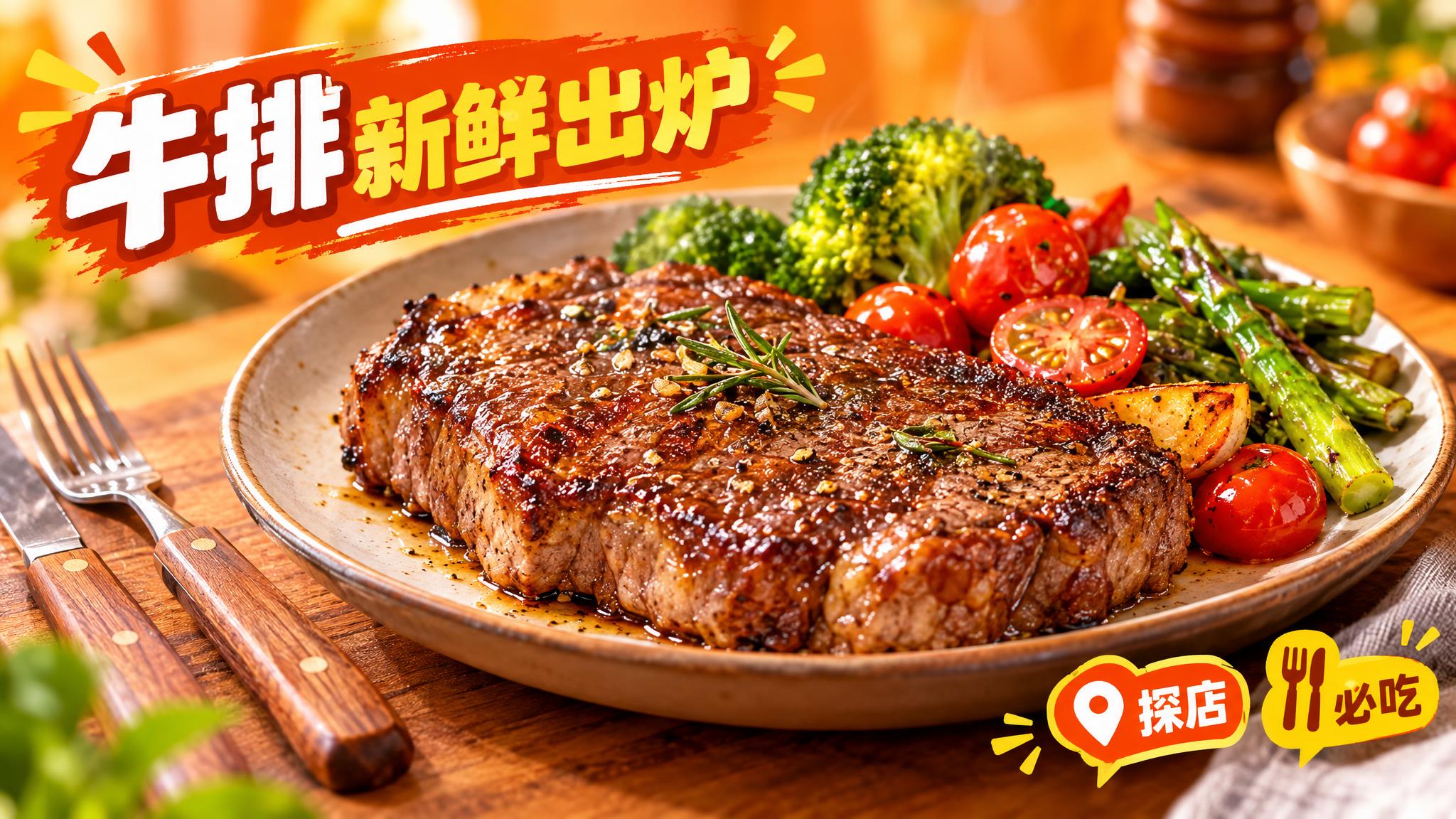 活力美食风格，暖橙色背景，画面中心是一盘色泽诱人的牛排，牛排表… - 图片创意预览