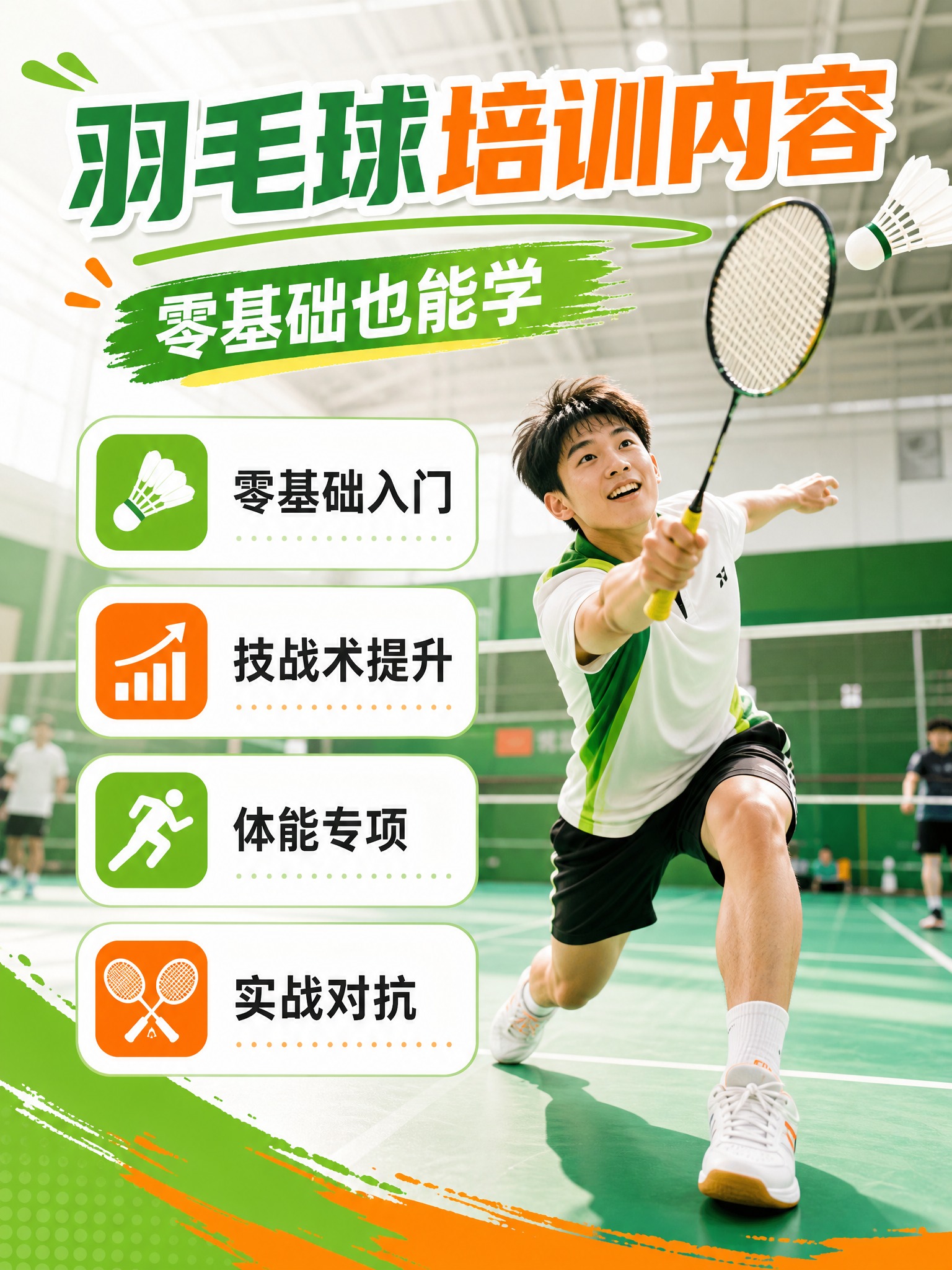 竖版小红书羽毛球培训内容卡片图，3:4比例。青春活力风格，明亮… - 图片创意预览