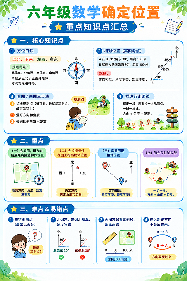 参考图中的清新卡通手绘风格、版式布局、配色方案（蓝绿橙配色、圆角卡片、顶部绿叶装饰、星星图标、虚线分隔、序号圆点样式），制作一张六年级数学确定位置重点知识点汇总海报，A4竖版比例，内容较多可适当拉长。整体风格：小学教育知识点海报，清新可爱，清晰易读，顶部有绿叶装饰元素，大标题醒目，分板块用圆角蓝色标题栏配黄色星星图标，知识点用蓝色圆形序号，重点内容用彩色标签突出，搭配相关小图标（指南针、量角器、尺子、方向箭头、地图路线等数学方位元素）。完整文案内容如下：

大标题："六年级数学确定位置重点知识点汇总"

一、核心知识点
1.方位口诀：上北、下南、左西、右东
规范写法：北偏东、北偏西、南偏东、南偏西
角度从正北 / 正南开始算，考试优先这样写。
2.相对位置（高频考点）
A 在 B 的北偏东 30°，距离 100 米
B 就在 A 的南偏西 30°，距离 100 米
规律：方向相反，角度不变，距离不变
3.看图 / 画图三步法
① 找准观测点（谁在看，谁就是观测点，最容易错！）
② 量好方向和角度
③ 根据比例尺算出距离
4.描述行走路线
每走一段，就要换一次观测点，一段一段说：方向 + 角度 + 距离

二、重点
（一）会看图，用方向角度距离描述物体位置
（二）会根据条件在图上标出物体位置
（三）掌握两地相对位置
（四）能完整描述路线

三、难点 & 易错点
1.找错观测点（最常见丢分）
2.北偏东、东偏北搞混，角度写错
3.画图忘记看比例尺，距离画错
4.往返路线方向不会反过来
