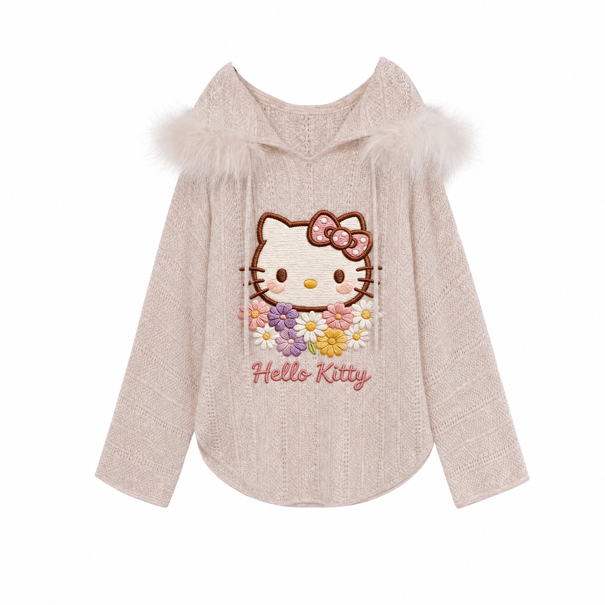 将图二的Hello Kitty花朵刺绣图案完美复刻，以刺绣工艺… - 图片创意预览