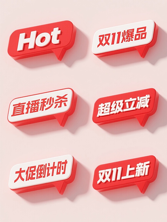 3D风格促销标签集合，六个规整排布的纯色背景标签，每个标签均为立体设计，主色调为红色与白色对比，光影表现为柔和立体阴影，高光位于标签边缘，呈现平滑过渡的数字艺术质感，构图采用对称网格布局，标签文案分别为“Hot”、“双11爆品”、“直播秒杀”、“超级立减”、“大促倒计时”、“双11上新”，字体选择无衬线粗体，字号醒目，文字与背景对比强烈，整体氛围欢快明亮，信息传达高效，符合促销活动的宣传目的。