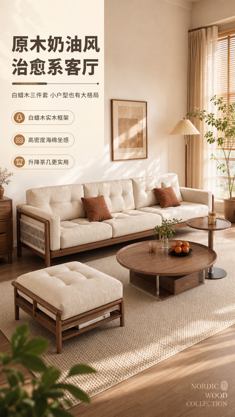 [商品] 使用【图1】三人位布艺沙发、【图2】圆形升降茶几、【… - 图片创意预览