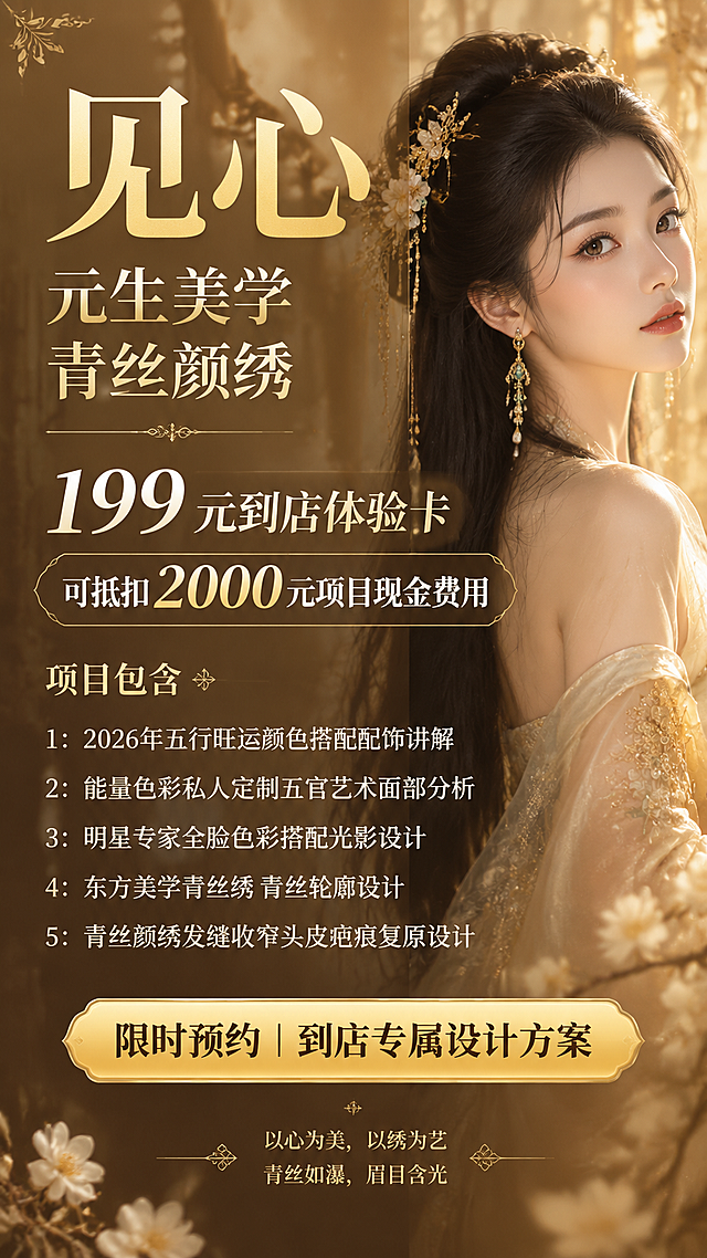 一张高级轻奢的东方美学美业服务预约海报，竖版9:16，暖金棕色调，背景为一位东方美人的半侧身唯美摄影图，美人有着乌黑长发，精致五官，肌肤细腻，身着香槟色丝绸服饰，柔光打在脸上，画面朦胧高级，人物位于画面右侧约三分之一处，左侧留出大面积空间放置文字，整体氛围温暖奢华、女性化、高级感十足。

版式采用左右分栏，左侧为文字信息区，右三分之一为美人肖像区。文字整体字号偏大，清晰易读，左对齐排版，层次分明，排版精致不乱。文字区域有极淡的半透明蒙层保证可读性。

画面中必须完整呈现以下文字信息（所有文字严格按原文，字号整体偏大，清晰醒目，不得更改、遗漏或编造；不得出现"99抵2000"及"共5条"字样；不得出现任何二维码、二维码占位符或相关文字）：

主标题（超大字号，左对齐，深金色，最醒目）："见心"
副标题（主标题下方，字号较大，两行排列）："元生美学"、"青丝颜绣"
权益文案（中部醒目区域，字号大，白色与金色搭配）："199 元到店体验卡"、"可抵扣 2000 元项目现金费用"
项目包含（逐条清晰呈现，字号适中偏大，编号左对齐，不得出现"共5条"字样）：
"1: 2026年五行旺运颜色搭配配饰讲解"
"2：能量色彩私人定制五官艺术面部分析"
"3：明星专家全脸色彩搭配光影设计"
"4：东方美学青丝绣 青丝轮廓设计"
"5：青丝颜绣发缝收窄头皮疤痕复原设计"
底部行动（字号较大，金色按钮样式，醒目）："限时预约｜到店专属设计方案"
品牌语（最底部，字号适中，纤细金色）："以心为美，以绣为艺"、"青丝如瀑，眉目含光"

画面中所有数字必须精确渲染，不得错位、遗漏或编造。所有文字清晰可读，字体采用高端衬线体与纤细黑体搭配。

画面中所有信息区域、权益列表、项目条目必须填充完整合理的内容，不得出现空白框、空白占位、横线待填写区域、空列表项、空单元格。

严禁出现任何二维码图案或二维码占位符。

整体光影柔和唯美，人像精致，质感奢华，2K超清，高端女性美业海报水准。