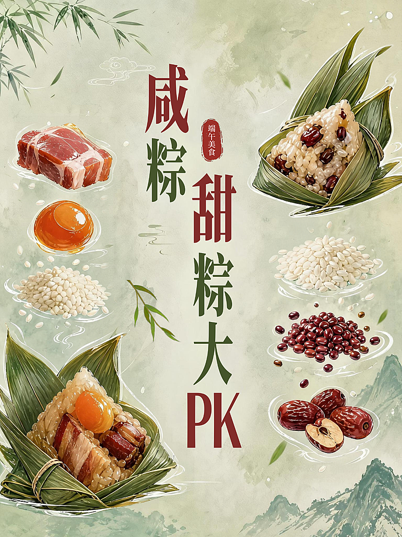 端午节咸甜粽子大PK互动清新中式感小红书封面