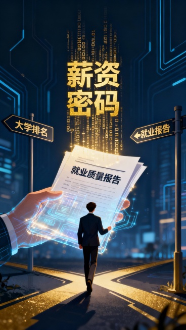 [image- 一位身着职业装的年轻人背影站在分岔路口，左侧路牌写着“大学排名”，右侧路牌指向“就业报告”，他正坚定地走向右侧。画面焦点落在其手中熠熠生辉、呈半透明数据流形态的“就业质量报告”文件上，预览效果