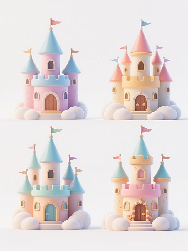 3D卡通风格，4个不同配色、不同样式、不同外观的城堡，每个城堡都有多个尖顶塔楼，顶部装饰有小旗子，底部有云朵围绕，整体造型圆润可爱，具有光滑的表面和柔和的渐变色彩，城堡细节丰富，包括拱形窗户和装饰性门廊，所有城堡在白色背景上排列整齐，保持统一的卡通可爱风格和3D立体感，无阴影，简洁干净的视觉效果。