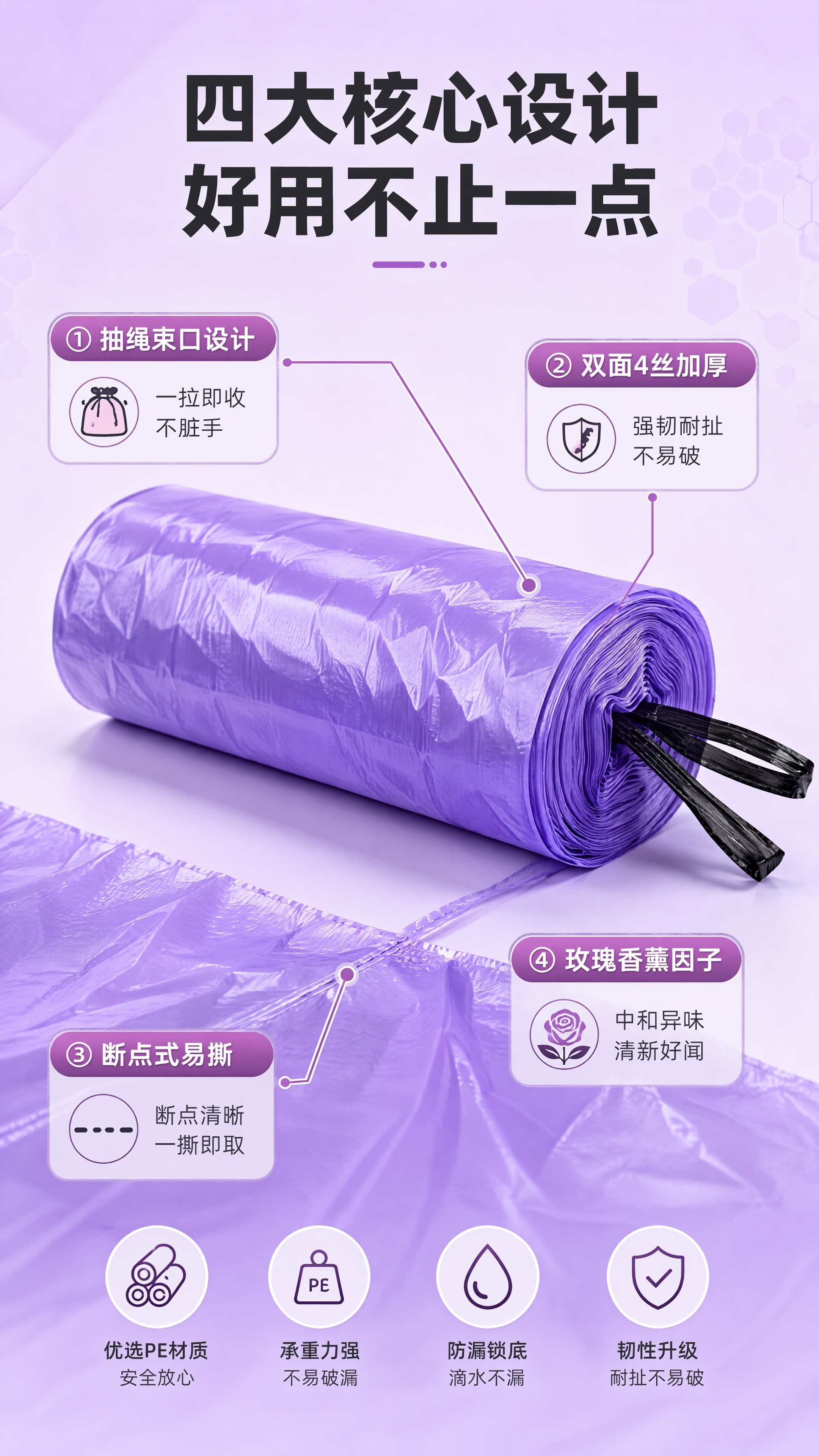 [商品] 使用【图1】巢艺玫瑰香薰抽绳垃圾袋；保留紫色卷状形态… - 图片创意预览
