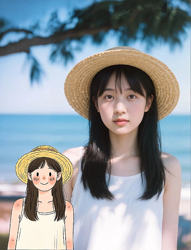 清新海边插画风，真人与卡通形象结合，展现夏日轻松氛围。