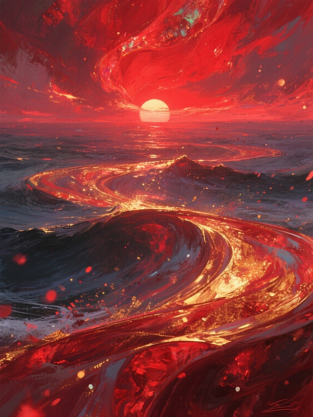 红金质感背景，光照下细腻粒子散开，曲线形构图，血色残阳，红日高悬，奇幻瑰丽且诡谲的氛围，嫣红主色调，世界顶级大师级水准，画面有灵魂不呆板，意境悠远情感充沛，颜色鲜艳对比冲突激烈，电影质感充满故事感，16K超写实油画质感，画面超级震撼唯美，宛如大海般壮阔，充满情绪与欲望，情绪价值拉满，充满矛盾和冲突，用合适绘画技法淋漓展现